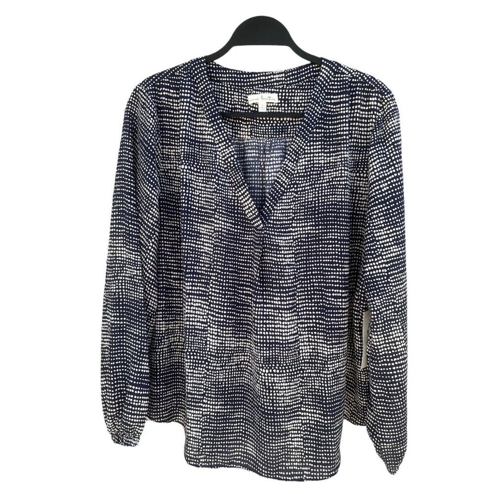 Nine Britton Size L Deep Navy Print V-neck Long Balloon‎ Sleeve Blouse Top NWT